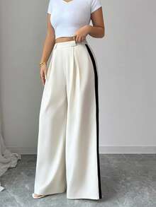 SHEIN Elenzya 女士高腰撞色褶皱阔腿宽松休闲裤 - 杏色 - 查看 4