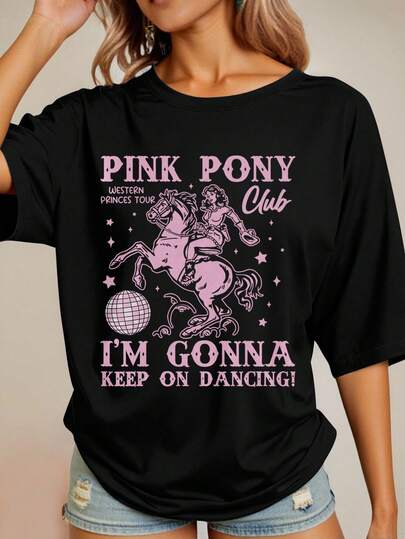 INAWLY 加大码宽松圆领短袖休闲上衣，复古西部牛仔女印花T恤，百搭夏季女式上衣