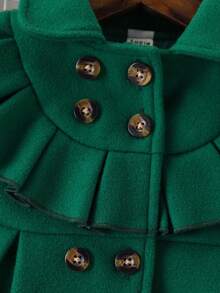SHEIN Abrigo de lana con doble botonadura y volantes para niña, otoño/invierno - Verde Oscuro - Ver 4