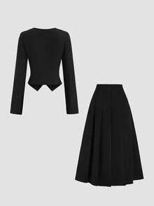 Sweetra 女士优雅通勤舒适黑色两件套V领金属纽扣长袖外套及百褶裙套装，秋冬款 - 黑色 - 查看 2