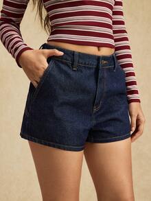 Easelle Quần short denim nữ kiểu dáng vintage thường ngày, phối họa tiết ngôi sao đỏ, có túi, thích hợp mặc đi biển mùa hè. - Màu xanh lam - Xem 3