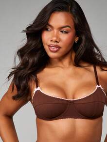 MISSGUIDED Pointelle Ribbed Underwire Bra And Thong Set With Contrast Lace Trim Pink Bow Details Intimates Lingerie - Brown - View 5