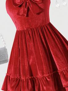 Sparklyn Tween GirlsRed Velvet Spaghetti Strap Ruffle Hem Christmas Party Elegant Cute Dress, Suitable For Occasions Dress Red Ruffle Dress Bow Dresses Velvet Dress Elegant Dress - Red - View 6