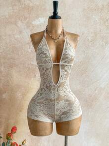 Soleia 女士花卉蕾丝深V领性感吊带连体衣