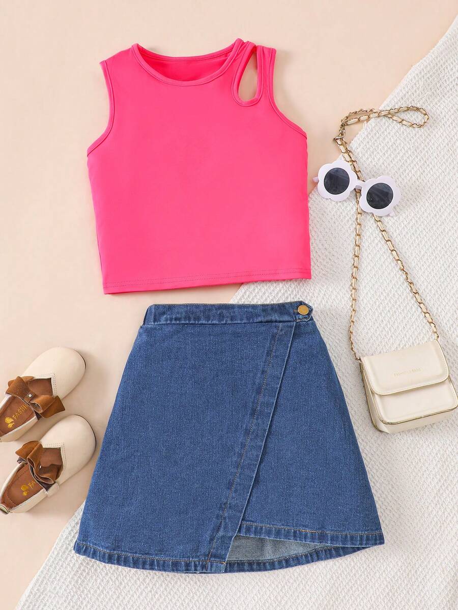 SHEIN ChillGRL 2pcs Tween Girl Hollow Knit Top & Denim Mini Skirt Set, Casual Summer Outfit - Hot Pink - View 1