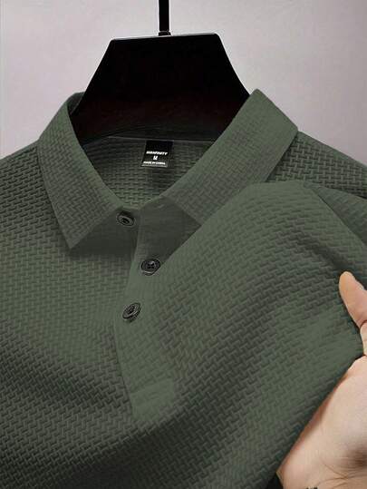 Manfinity Homme Men's Solid Color Green Loose Fit Short Sleeve Half-Placket Casual Summer Polo Shirt