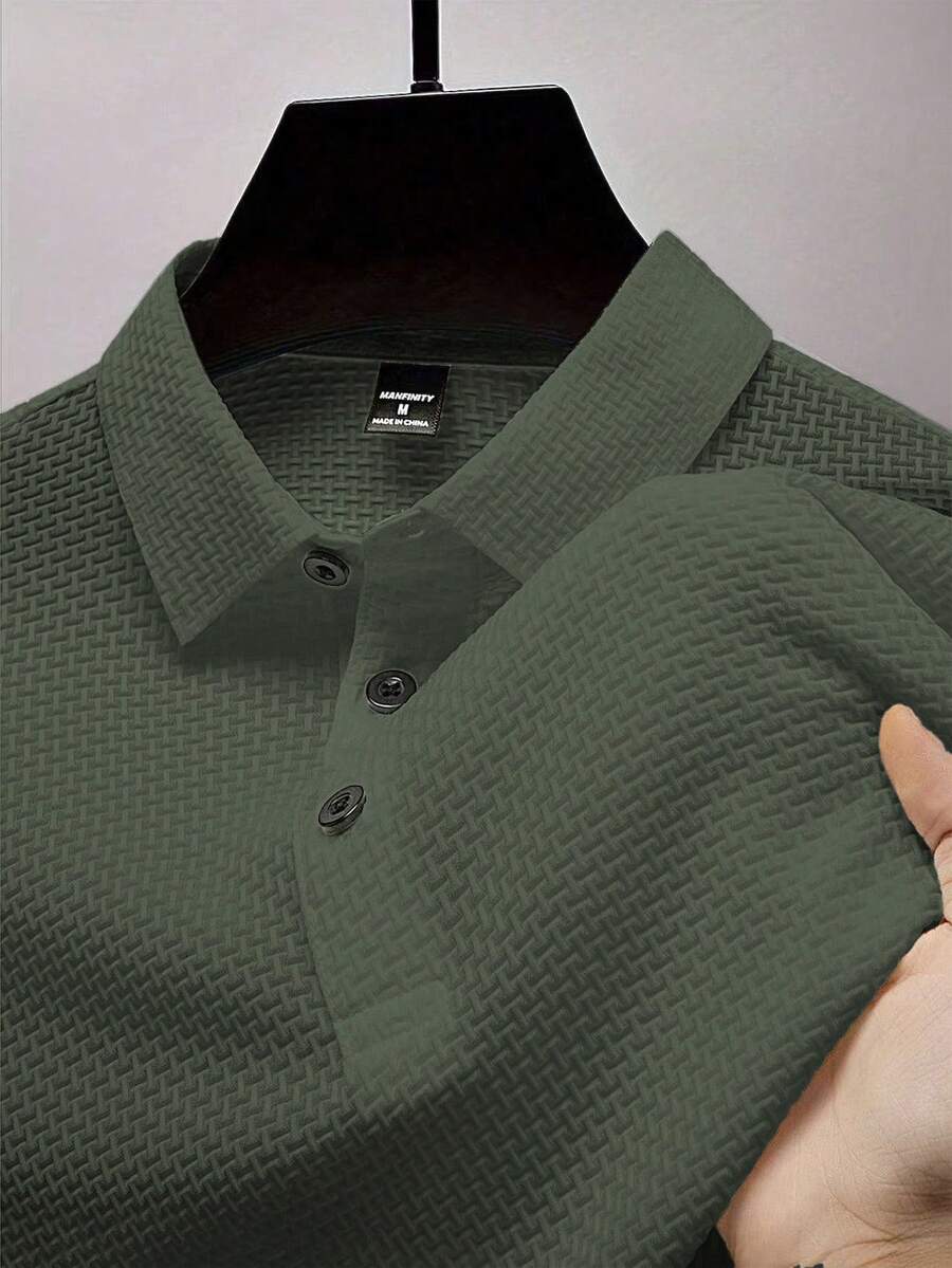 Manfinity Homme Camisa Polo Casual de Verão Masculina, Cor Sólida Verde, Ajuste Solto, Manga Curta, Meia Abertura, Formal