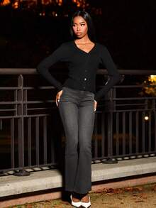 Mima John 高腰喇叭牛仔裤女式弹力喇叭裤Y2K街头休闲复古时尚服装灰色 - 灰色 - 查看 1