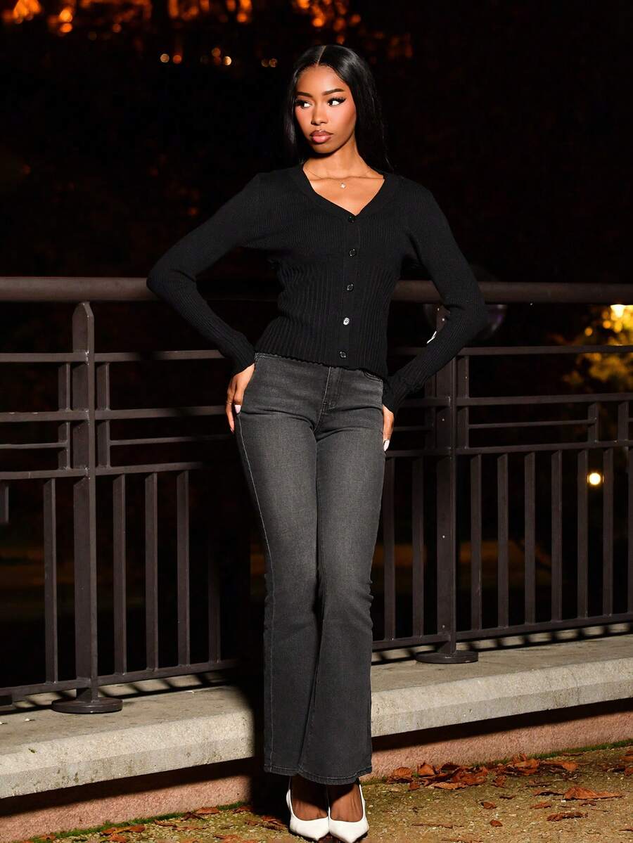 Mima John 高腰喇叭牛仔裤女式弹力喇叭裤Y2K街头休闲复古时尚服装灰色 - 灰色 - 查看 1