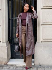 Yess Loren Women Long Solid Color Leather Jacket Regular Fit Coat,Fall Women Clothes - Brown - View 6