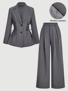 SHEIN MOD 2-częściowy komplet garniturowy z długim rękawem i szerokimi nogawkami, zdobiony koronką w stylu vintage