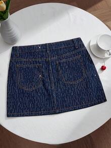 Comfortcana Women's Summer Fashion Rhinestone Embellished Slant Pocket Mini Denim Skirt - Dark Wash - View 2