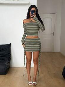 Coolane 女士冬季街头风波西米亚度假装扮西部牛仔针织条纹弹力舒适流苏鼠尾草绿迷你裙 - 綠色 - 查看 5