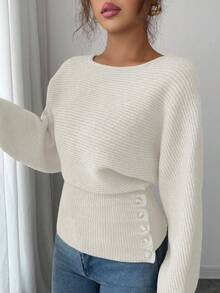 Elenzga Women's New Autumn/Winter Single-Piece Design Batwing Sleeve High-End Buttoned Minimalist Knit Long Sleeve Top, Versatile Daily Wear - White - View 6
