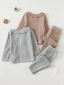 Cozy Pixies 4pcs Baby Girl Solid Color Knit Soft Peter Pan Collar Long Sleeve Pullover Top & Elastic Waist Pants Set Baby Set Autumn Winter Season Baby Girl Knitted Outfits Baby Girl Warm Sets Two Piece Winter Outfits For Toddler Girl Knit Two Piece Toddler - Multicolor - View 2