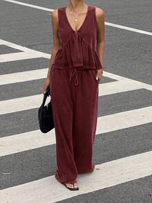 Muchica Bộ đồ lót và quần dài cổ chữ V họa tiết bông tuyết cổ điển dành cho nữ, mùa hè - Màu Đỏ Sâu - Xem 3