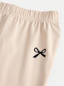 SHEIN 2pcs/Set Young Girls Bow Print Knit Casual Everyday Fashion Matching Set - Khaki - View 5