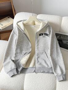 SHEIN Sudadera con capucha gris de punto suave para adolescentes, chaqueta forrada térmica - Gris - Ver 1