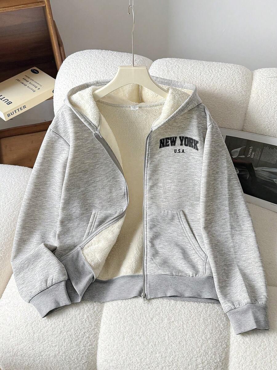 SHEIN Sudadera con capucha gris de punto suave para adolescentes, chaqueta forrada térmica - Gris - Ver 1