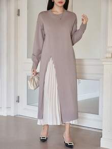 DAZY Women's Casual Solid Color Side Slit Long Sweater, Autumn - Pink - View 7