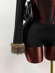 Amplova 女士网眼拼接透视紧身衣，性感毛茸茸拼接长袖，适合日常穿着，约会，新年，纯色拼接皮草时尚服装，秋冬 - 黑色 - 查看 6