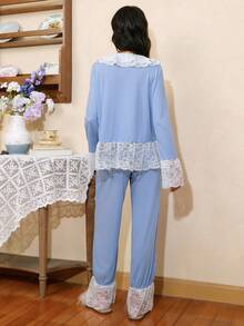Côtesoire Set Piyama Longgar Rajut Jacquard Bergaris Kontras Gaya Bohemian untuk Wanita, Set Piyama Renda Biru untuk Musim Dingin - Biru - View 2