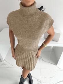 Siren Gaze Conjunto de 2 piezas de top de punto de cuello alto + falda midi de mezcla de punto para mujer, nueva colección de otoño/invierno