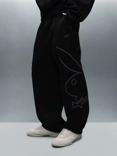 PLAYBOY X SUMWON Drop Crotch Jogger Sweatpants With Bunny Logo Print Relaxed Fit Elastic Cuff Pants Winter Streetwear