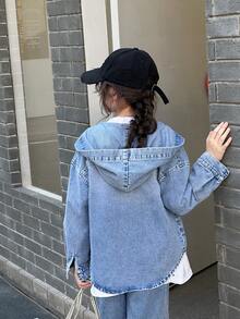 SHEIN Genkimix Kids Denimly Tween 女孩学院风休闲日常都市街头宽松牛仔连帽衫，舒适百搭休闲百搭