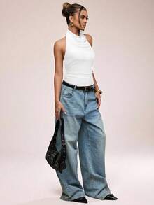 SHEIN BAE Women's Casual Solid Color Halter Backless Tank Top