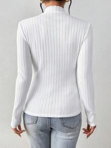 SHEIN Frenchy 92% Cotton Women's Ribbed Round Neck Long Sleeve Casual T-Shirt For Fall And Winter, Striped Basic Fitted Style With White Warm Turtleneck. Slim-Fitting And Versatile, Suitable For Daily Wear, Commuting, Home, And Layering. Stylish For Dates, Spring - White - View 2