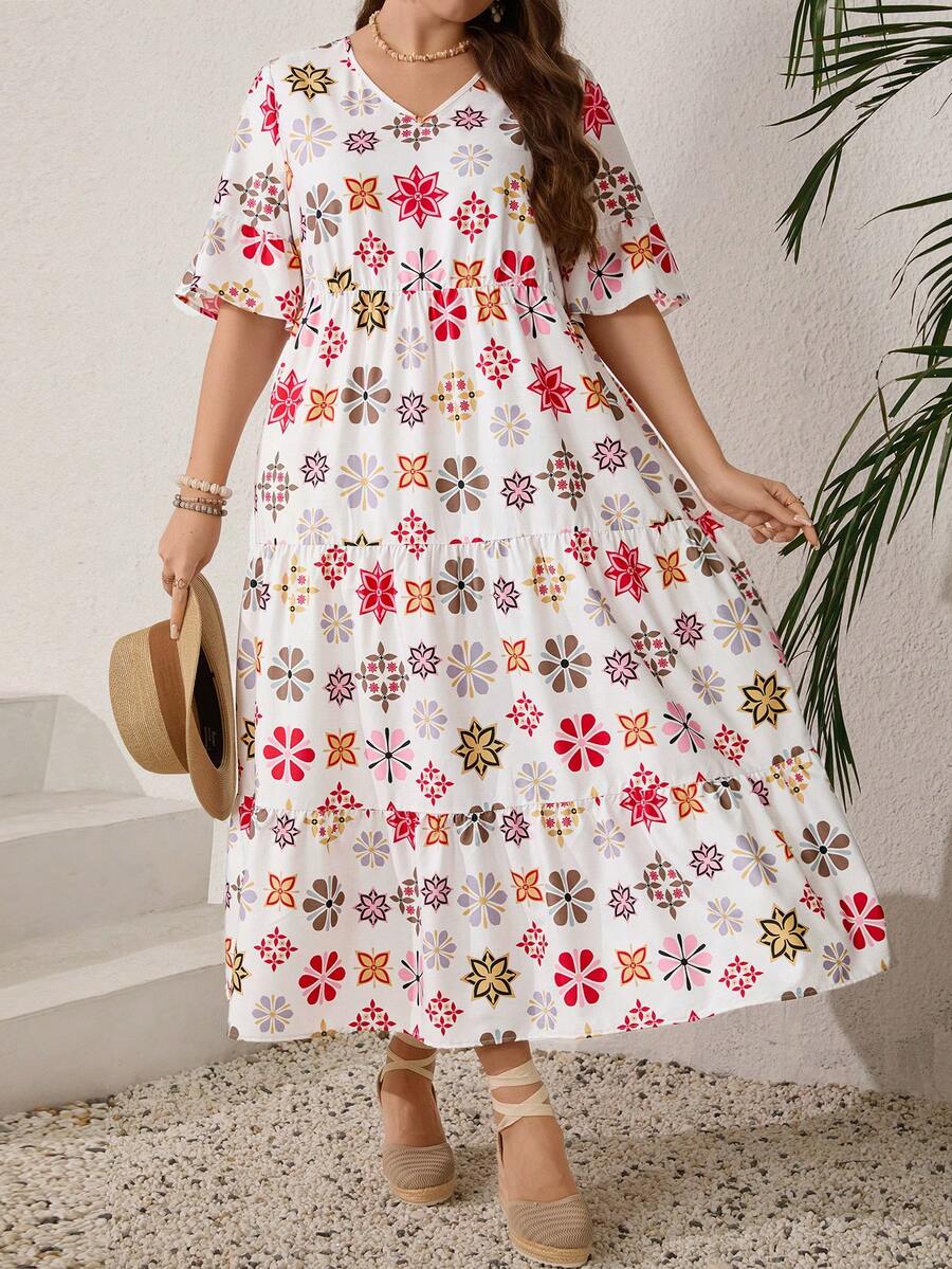 EMERY ROSE 大码夏季度假休闲印花短袖连衣裙