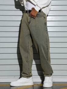 Manfinity EMRG Quần jean nam ống loe phong cách retro cổ điển, quần rộng thùng thình nam, quần vintage nam - Màu vàng - Xem 4