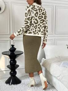 SHEIN LUNE 2 件套女士豹纹纯色高领优雅舒适合身针织毛衣套装，秋冬 - 軍綠色 - 查看 2