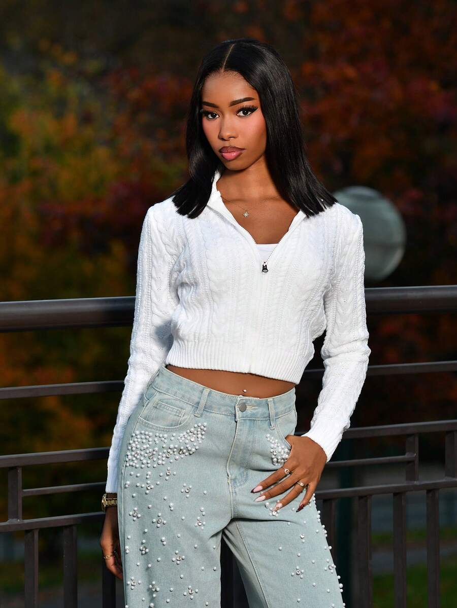 Mima John 粗针织拉链开衫，女士春/秋休闲粗针织，拉链常规袖立领常规版型白色纯色女士开衫，休闲日常穿着，长袖上衣 - 白色 - 查看 1