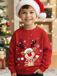 Sweatshirt Natal untuk Anak Laki-laki Remaja, Merah, Musim Gugur, Lucu, Set Seragam Keluarga dan Saudara, Motif Rusa Kartun, Potongan Longgar, Leher Bulat Tebal, Lengan Panjang, Atasan Hangat - Merah - View 2
