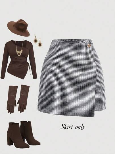 SHEIN MOD 大码秋季休闲千鸟格纽扣装饰裹身裙