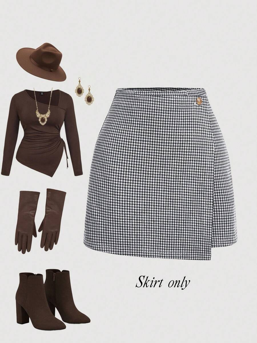 SHEIN MOD Plus Size Autumn Casual Houndstooth Button Decor Wrap Skirt - Navy Blue - View 1