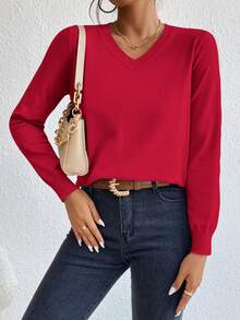 SHEIN Essnce 秋冬季纯色V领黑色上衣毛衣 - 紅色 - 查看 5