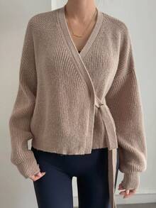 Áo khoác cardigan quấn màu trơn thường ngày cho nữ, Thu/Đông - Màu Khaki - Xem 1