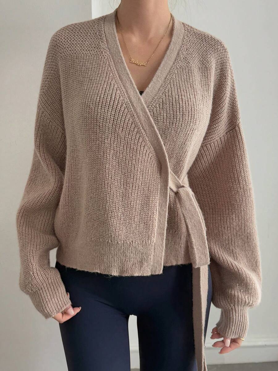Áo khoác cardigan quấn màu trơn thường ngày cho nữ, Thu/Đông - Màu Khaki - Xem 1