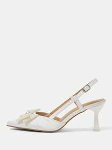 CUCCOO HITCHD Women's Pink Lace Pointed Toe Backless Pearl Bow Net Mesh High Heel Shoes For Christmas - White - View 9