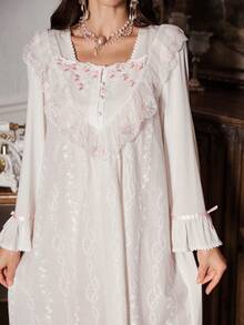 PalaceNights Vintage Palace Style White Lace Embroidered Long Nightgown, Winter - White - View 3