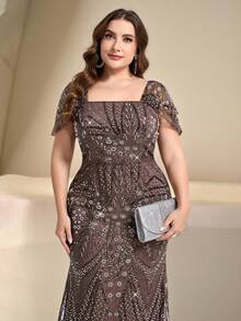 Coutiva Váy đuôi cá đính hạt đá pha lê sang trọng cỡ lớn thanh lịch, đầm dạ hội thanh lịch, thích hợp cho tiệc cocktail, tiệc khiêu vũ, tiệc cưới, thích hợp cho lễ tốt nghiệp, tiệc tối - màu nâu - Xem 6