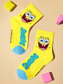 SpongeBob SquarePants | SHEIN 2双装纯棉柔软透气吸湿儿童中筒袜，黄粉色可爱卡通图案，加固趾部和后跟，经久耐穿，男女通用，四季皆宜，适合学校和户外活动，夏季和冬季均可穿着。帕特里克 - 彩色 - 查看 6