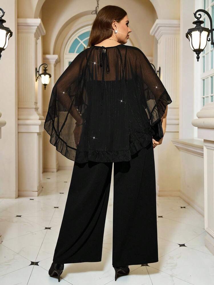 Plus Size Elegant Party Ruffle Jumpsuit 2 Pieces Set, Elegant For Set Party, Sequin Set, Black Set, Autumn/Winter,2025 New,Pockets, Black Pant Set,Autumn/Winter,Going Out Outfits,2025 New Clothes,Simple And Fashionable For Everyday Wear, Plus Size Winter Clothes, Modest Two Piece Set, Comfortable Two Piece Set, Modest Sets For Women, T