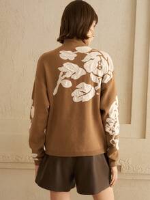 Arave Conjunto de 2 piezas de mujer con suéter de cuello alto tejido con estampado floral vintage, conjunto informal para otoño/invierno - Camel - Ver 8