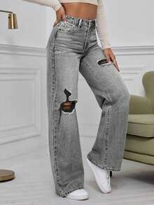 SHEIN EZwear Jeans délavés bleu denim taille haute déchirés à jambe large - Gris pâle - Voir 4