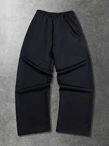 ROMWE MEN 男女通用休闲直筒运动裤，饰有美式英语图案 - 黑色 - 查看 2