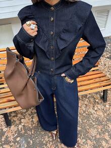 Livesso Women's Casual Denim Top With Ruffle Hem, Autumn/Winter Long Sleeve